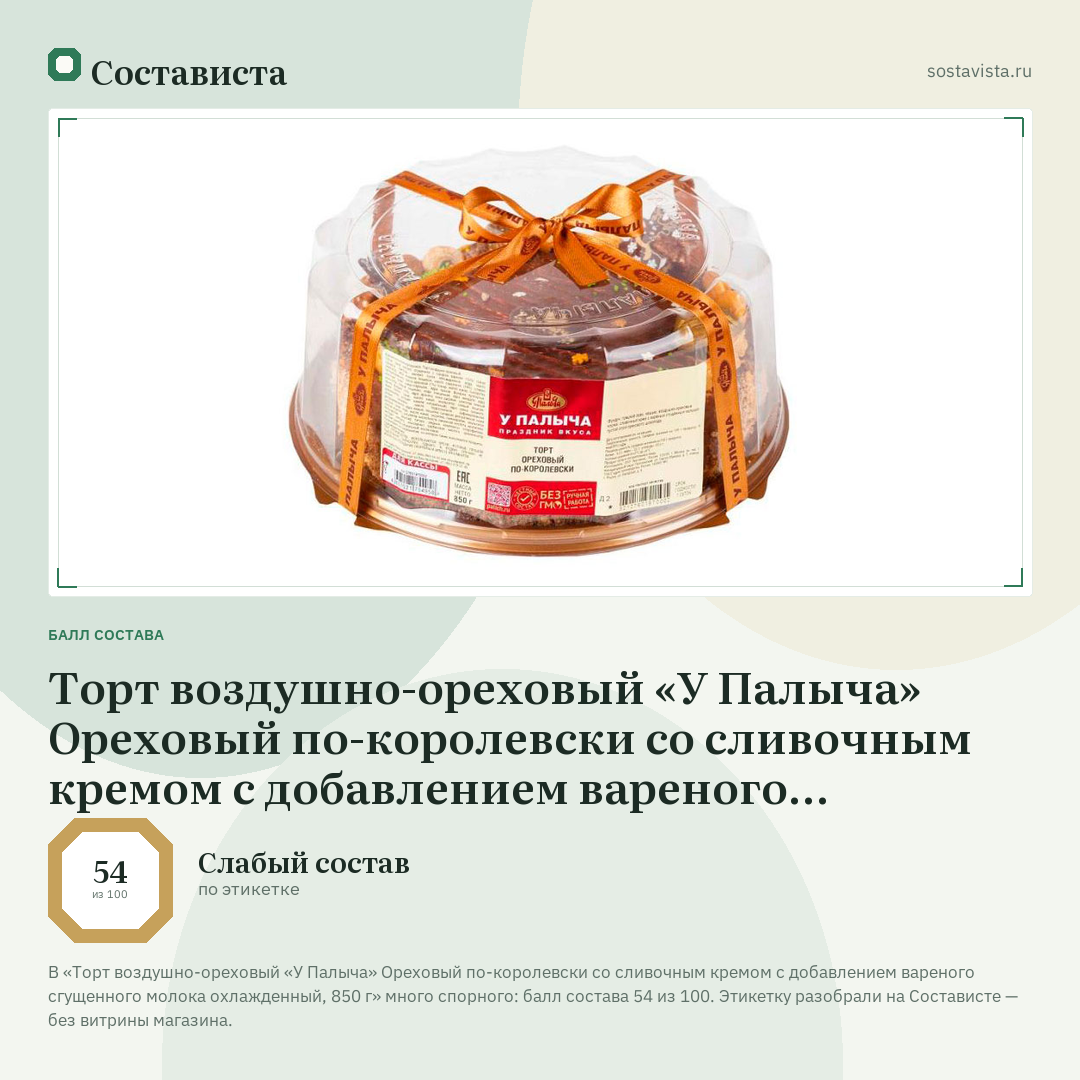 Торт воздушно-ореховый «У Палыча» Ореховый по-королевски со сливочным кремом с добавлением вареного сгущенного молока охлажденный, 850 г: балл состава 54 из 100 — Состависта