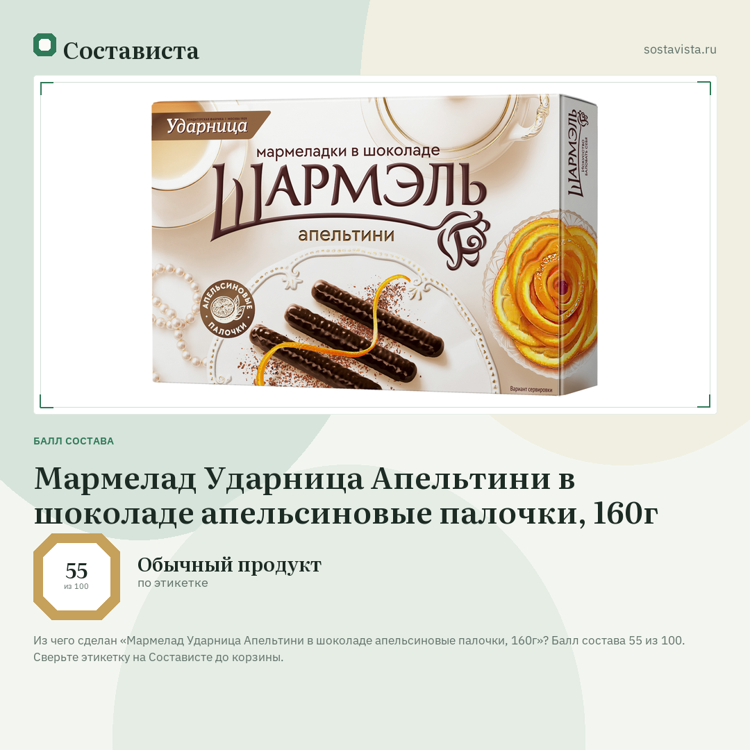 Мармелад Ударница Апельтини в шоколаде апельсиновые палочки, 160г: балл состава 55 из 100 — Состависта