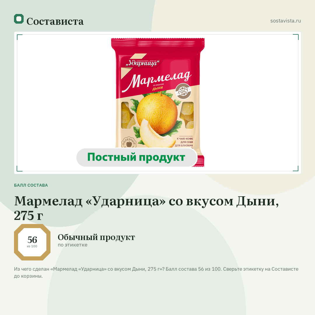 Мармелад «Ударница» со вкусом Дыни, 275 г: балл состава 56 из 100 — Состависта