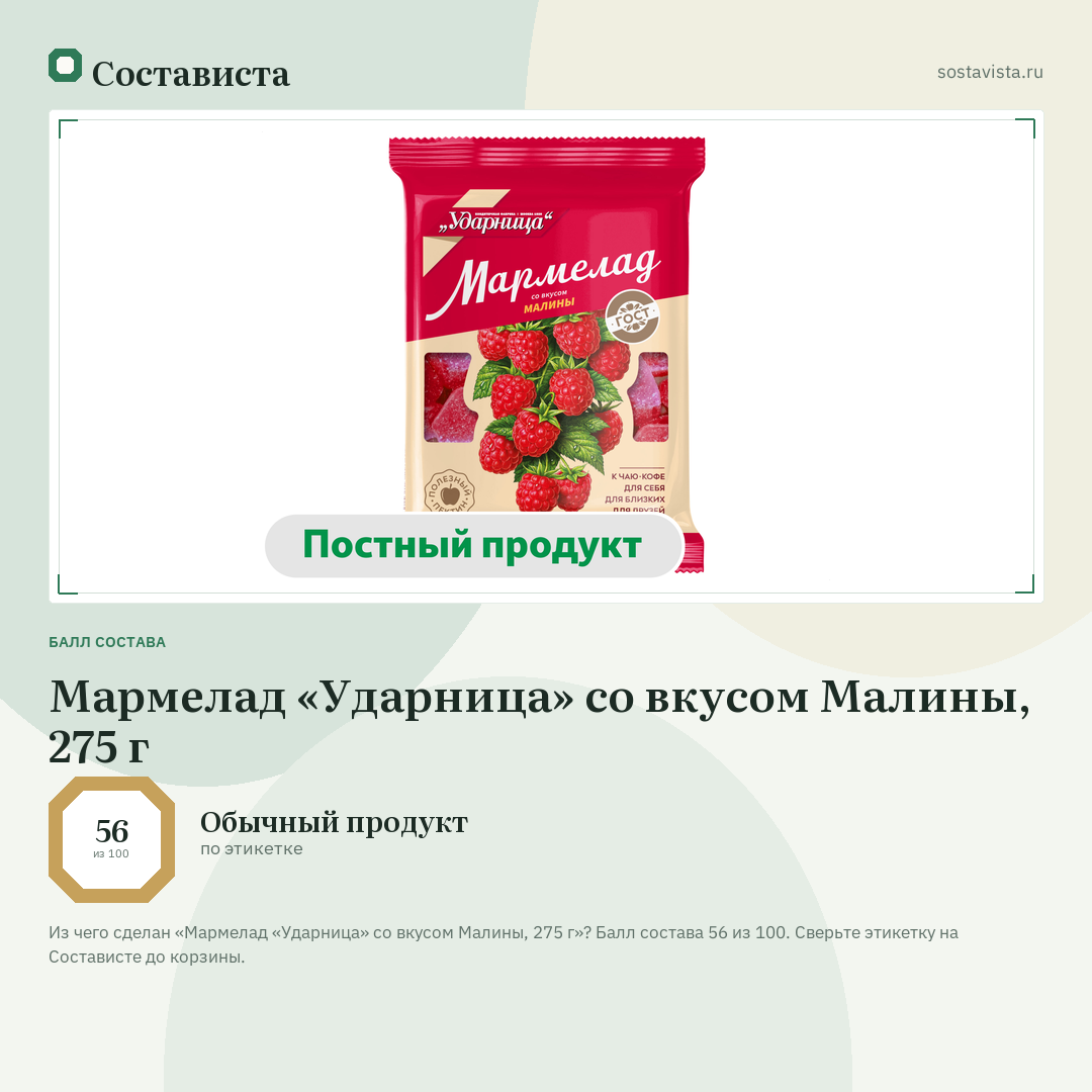 Мармелад «Ударница» со вкусом Малины, 275 г: балл состава 56 из 100 — Состависта