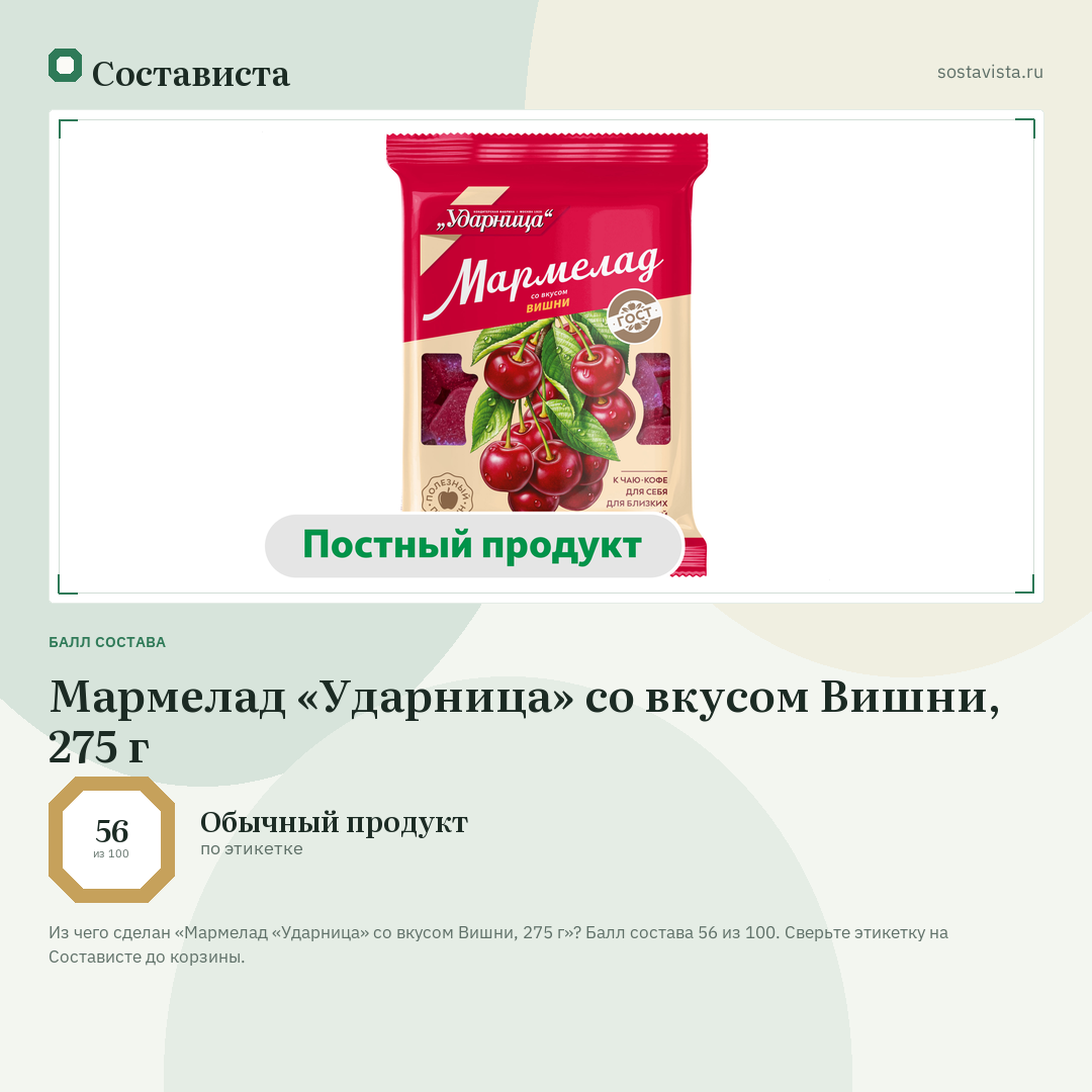 Мармелад «Ударница» со вкусом Вишни, 275 г: балл состава 56 из 100 — Состависта