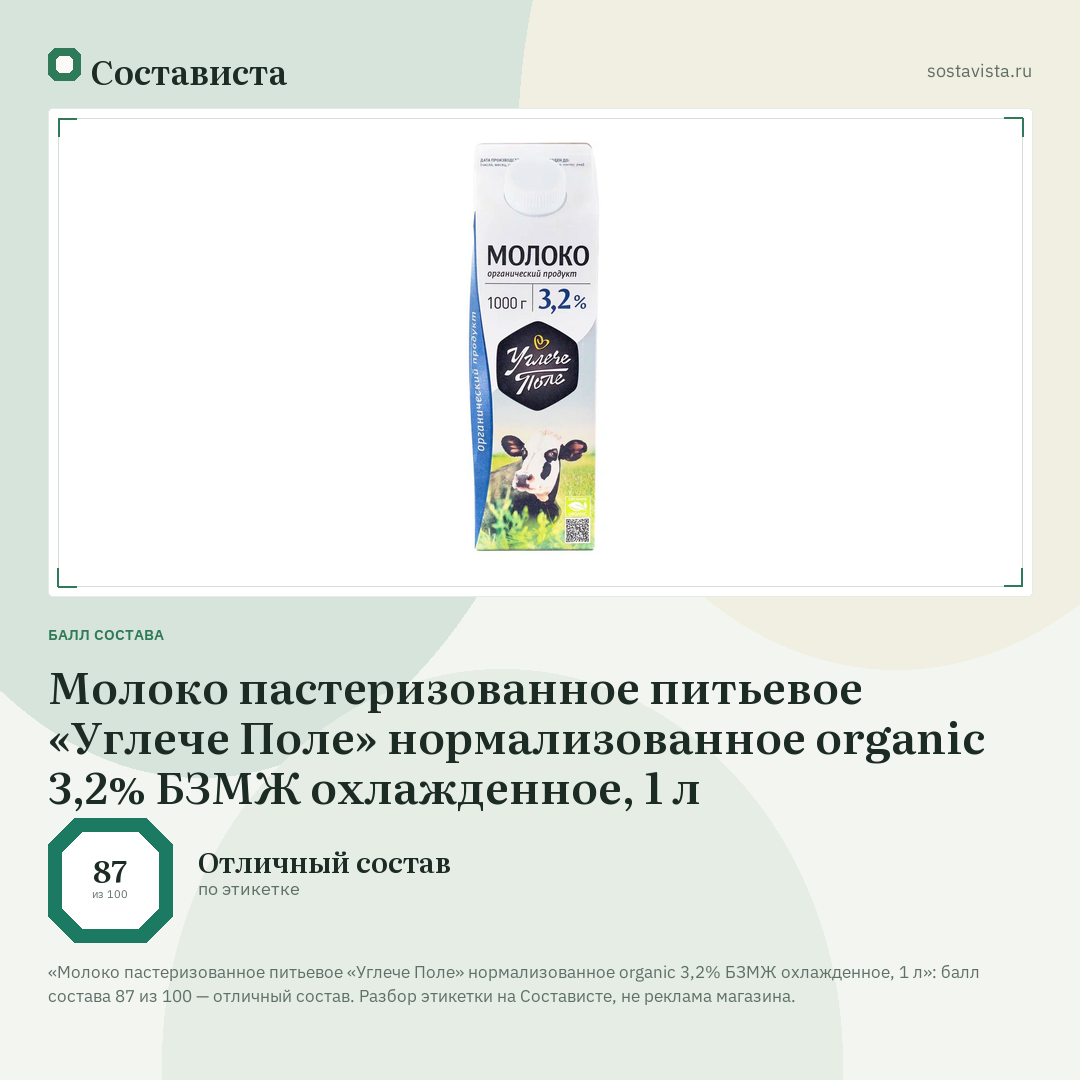 Молоко пастеризованное питьевое «Углече Поле» нормализованное organic 3,2% БЗМЖ охлажденное, 1 л: балл состава 87 из 100 — Состависта