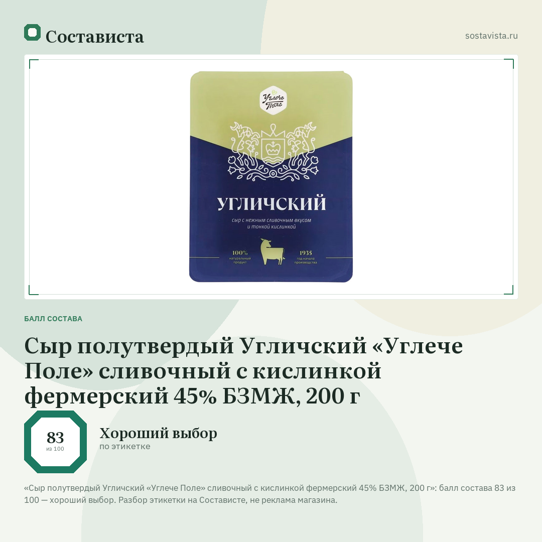 Сыр полутвердый Угличский «Углече Поле» сливочный с кислинкой фермерский 45% БЗМЖ, 200 г: балл состава 83 из 100 — Состависта
