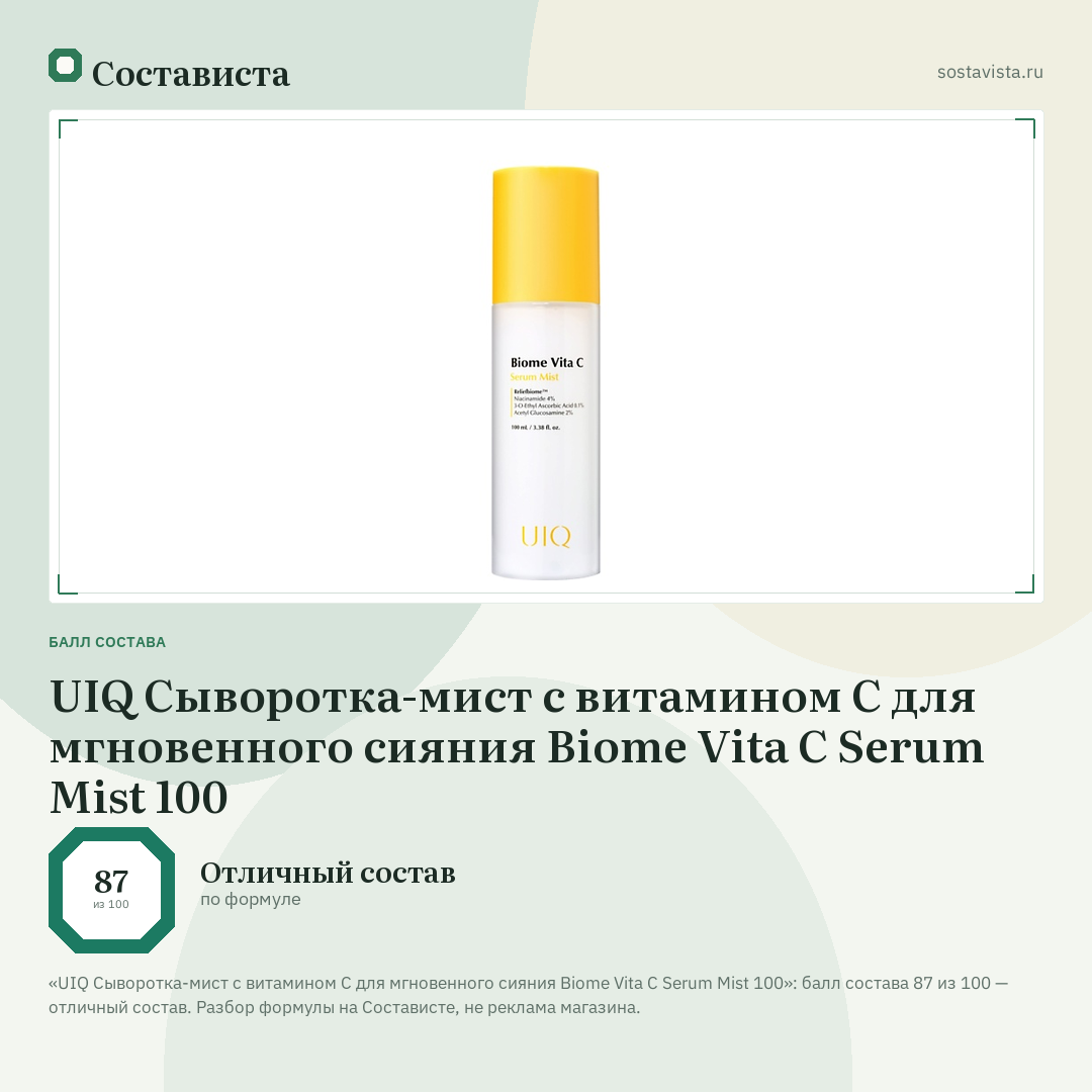 UIQ Сыворотка-мист с витамином С для мгновенного сияния Biome Vita C Serum Mist 100: балл состава 87 из 100 — Состависта