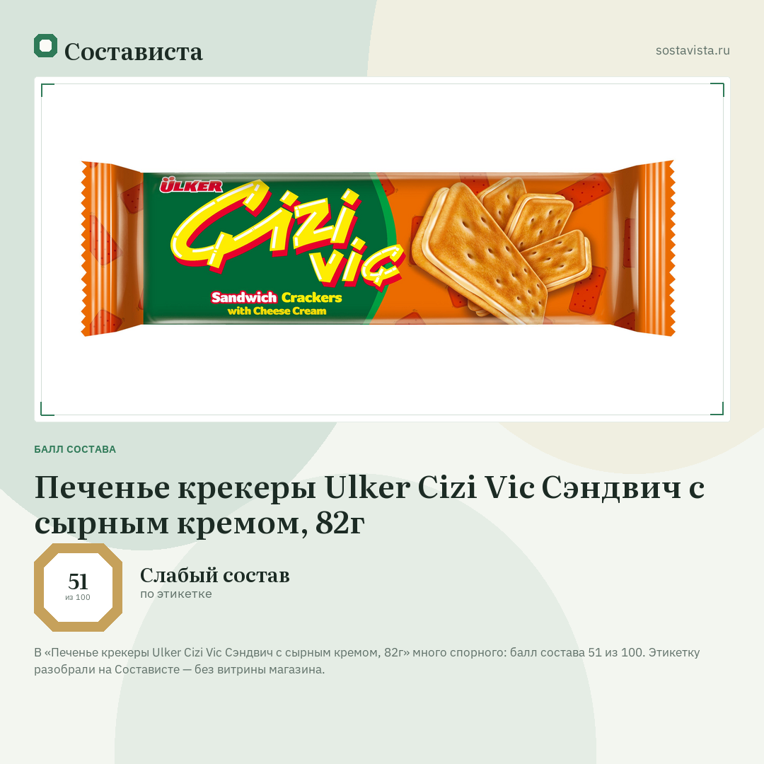 Печенье крекеры Ulker Cizi Vic Сэндвич с сырным кремом, 82г: балл состава 51 из 100 — Состависта