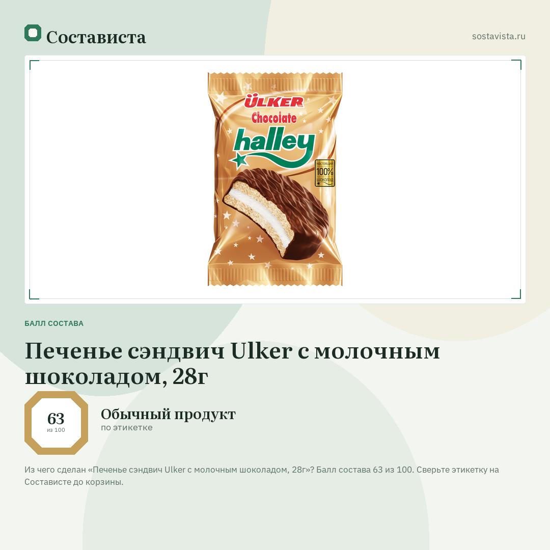 Печенье сэндвич Ulker с молочным шоколадом, 28г: балл состава 63 из 100 — Состависта