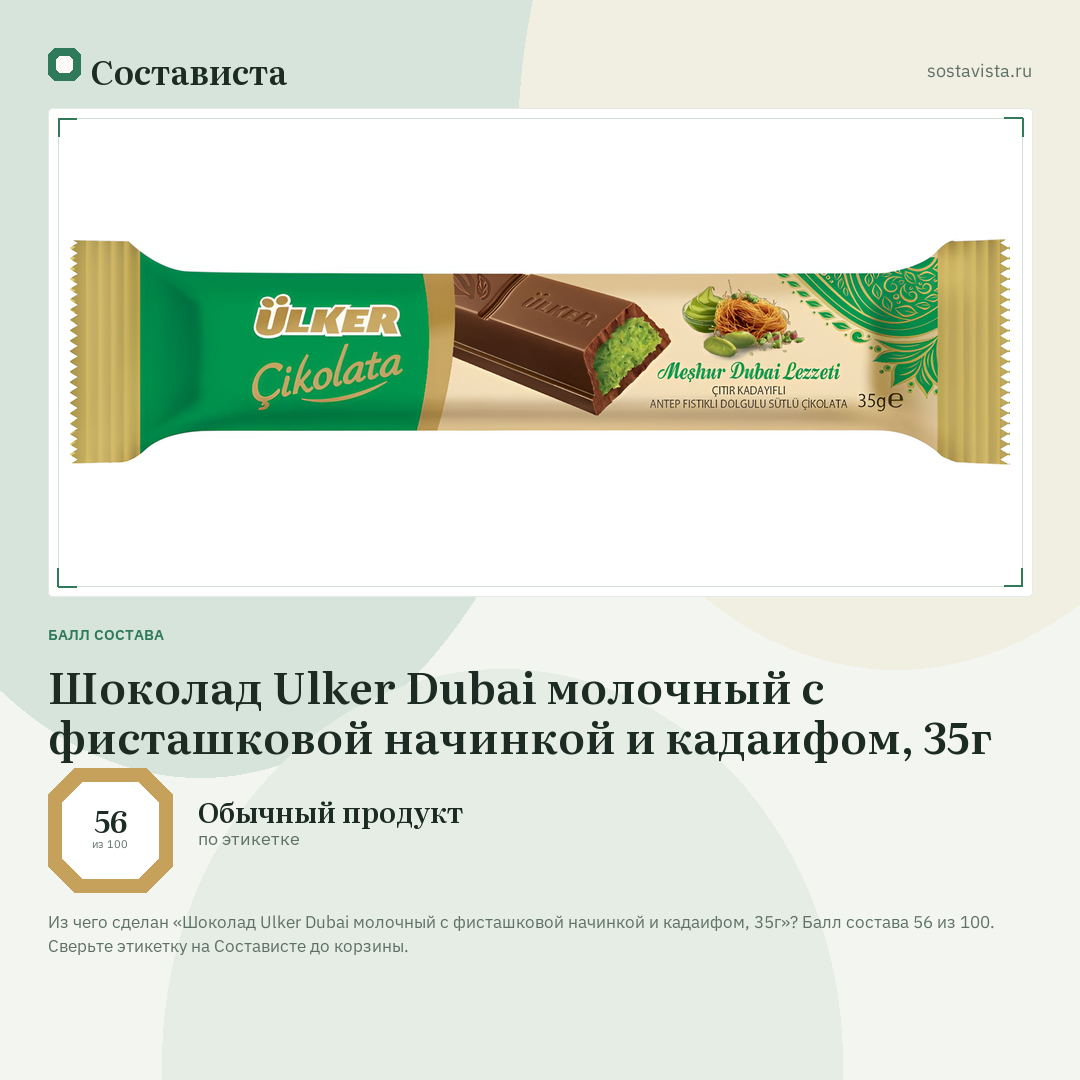 Шоколад Ulker Dubai молочный с фисташковой начинкой и кадаифом, 35г: балл состава 56 из 100 — Состависта