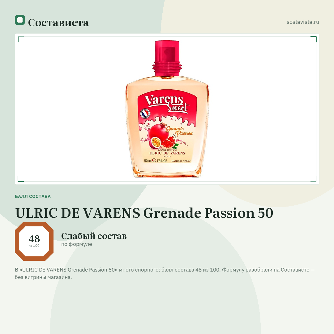 ULRIC DE VARENS Grenade Passion 50: балл состава 48 из 100 — Состависта