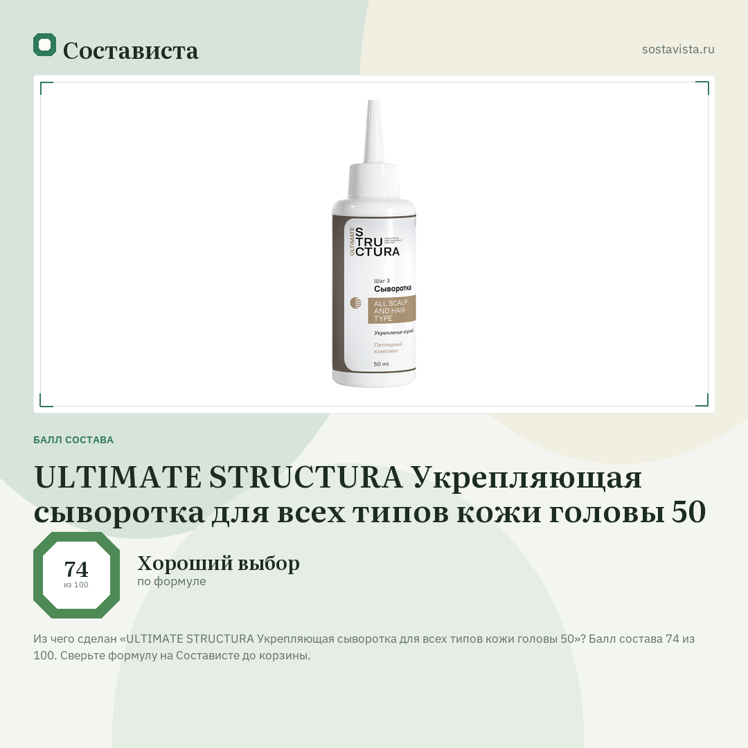 ULTIMATE STRUCTURA Укрепляющая сыворотка для всех типов кожи головы 50: балл состава 74 из 100 — Состависта