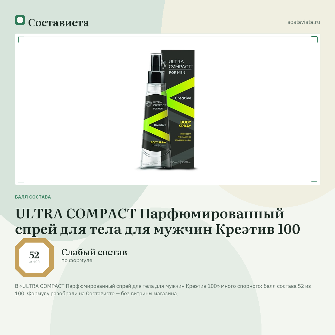 ULTRA COMPACT Парфюмированный спрей для тела для мужчин Креэтив 100: балл состава 52 из 100 — Состависта