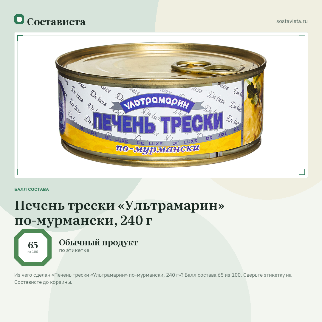 Печень трески «Ультрамарин» по-мурмански, 240 г: балл состава 65 из 100 — Состависта