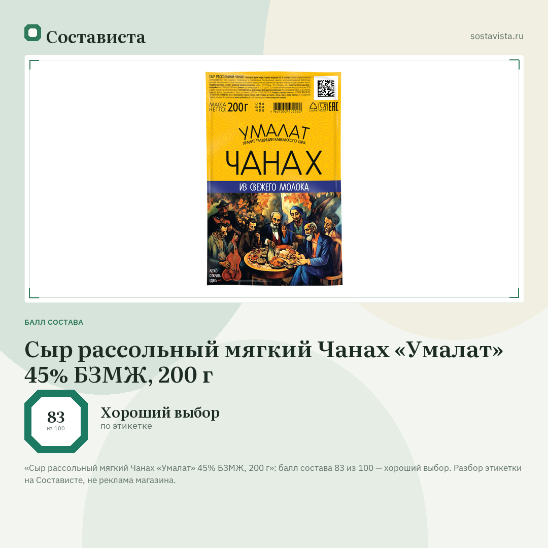 Сыр рассольный мягкий Чанах «Умалат» 45% БЗМЖ, 200 г: балл состава 83 из 100 — Состависта