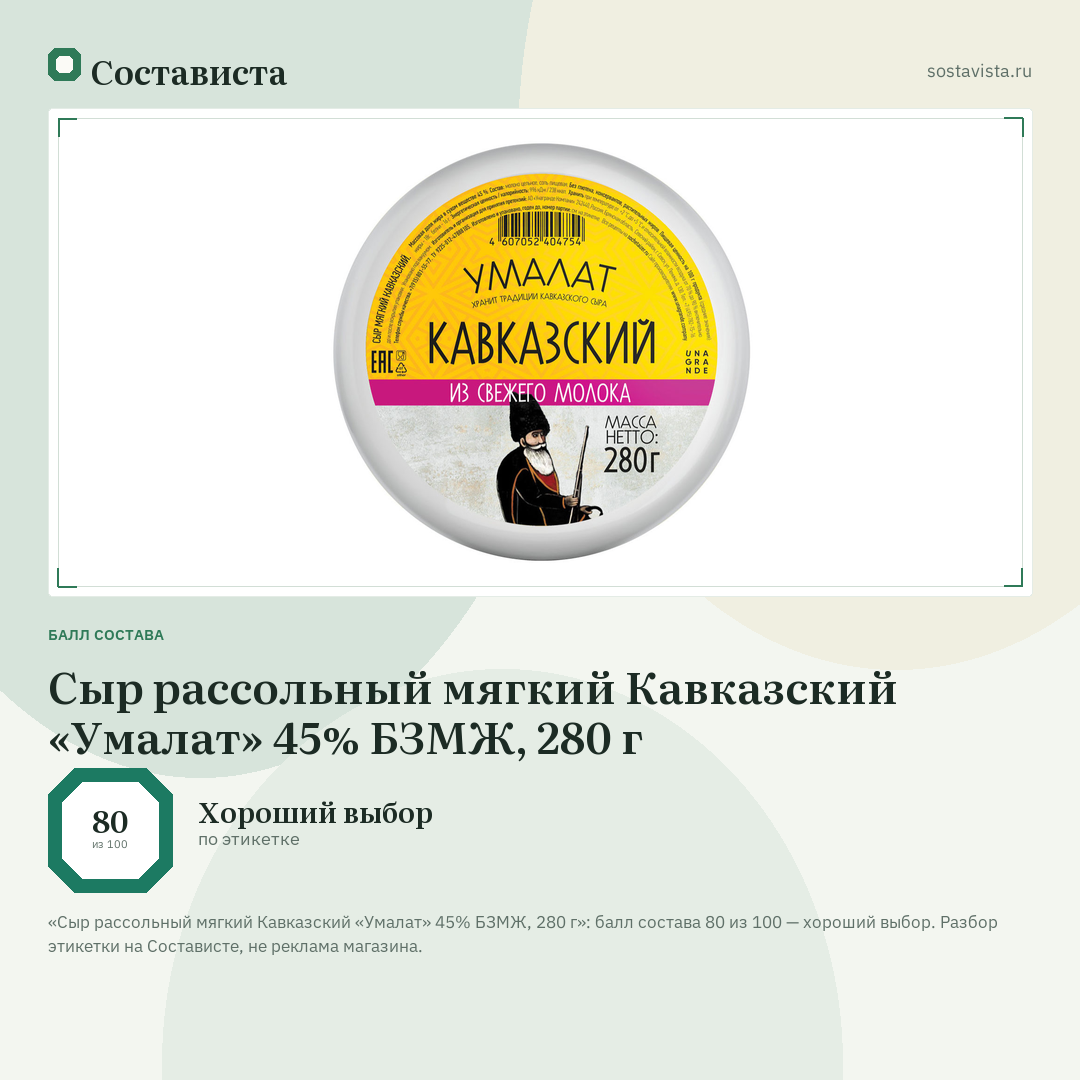 Сыр рассольный мягкий Кавказский «Умалат» 45% БЗМЖ, 280 г: балл состава 80 из 100 — Состависта