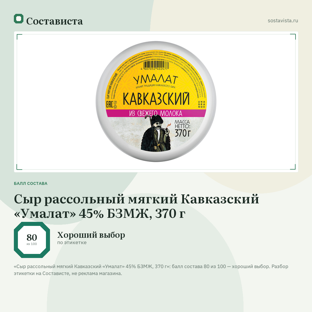 Сыр рассольный мягкий Кавказский «Умалат» 45% БЗМЖ, 370 г: балл состава 80 из 100 — Состависта