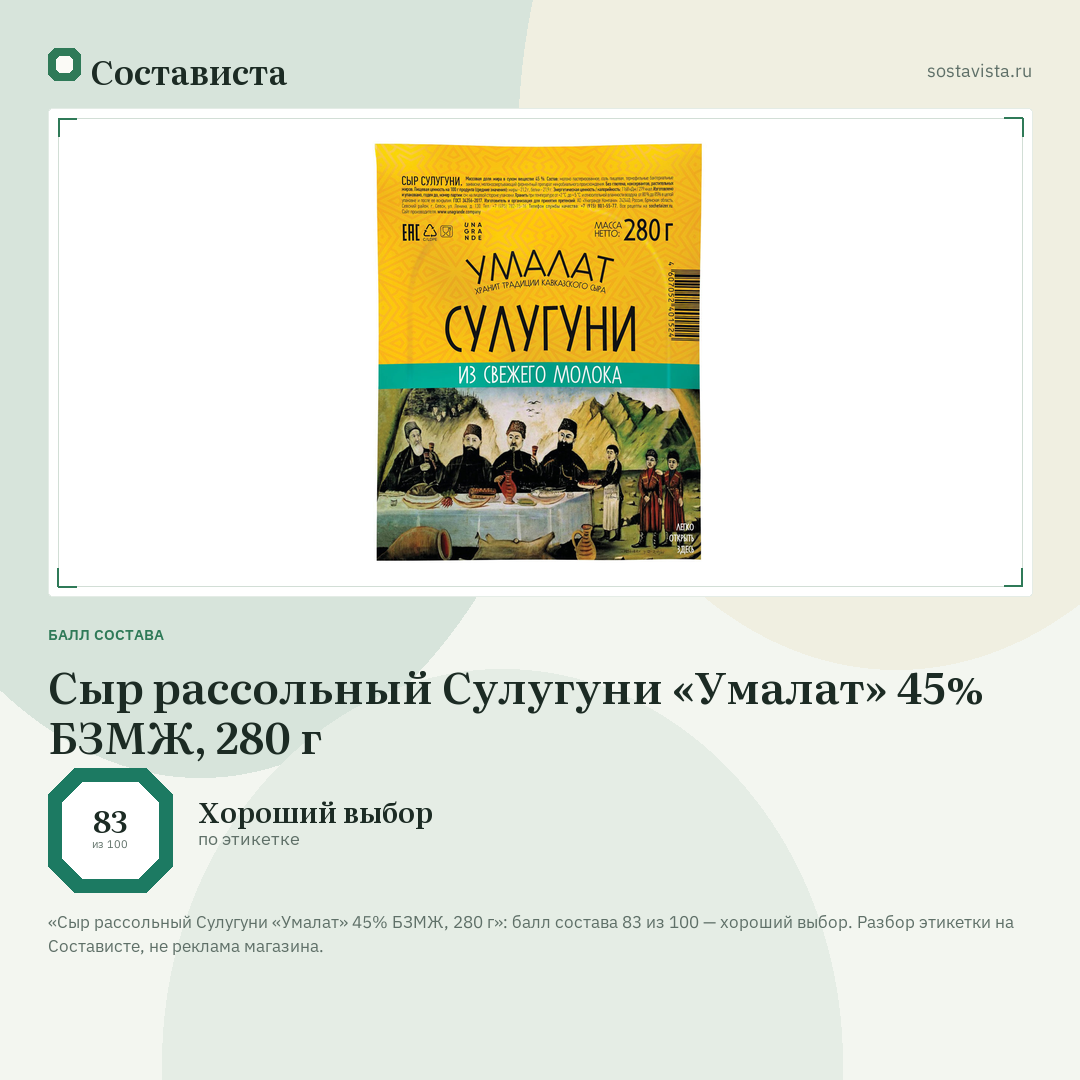 Сыр рассольный Сулугуни «Умалат» 45% БЗМЖ, 280 г: балл состава 83 из 100 — Состависта