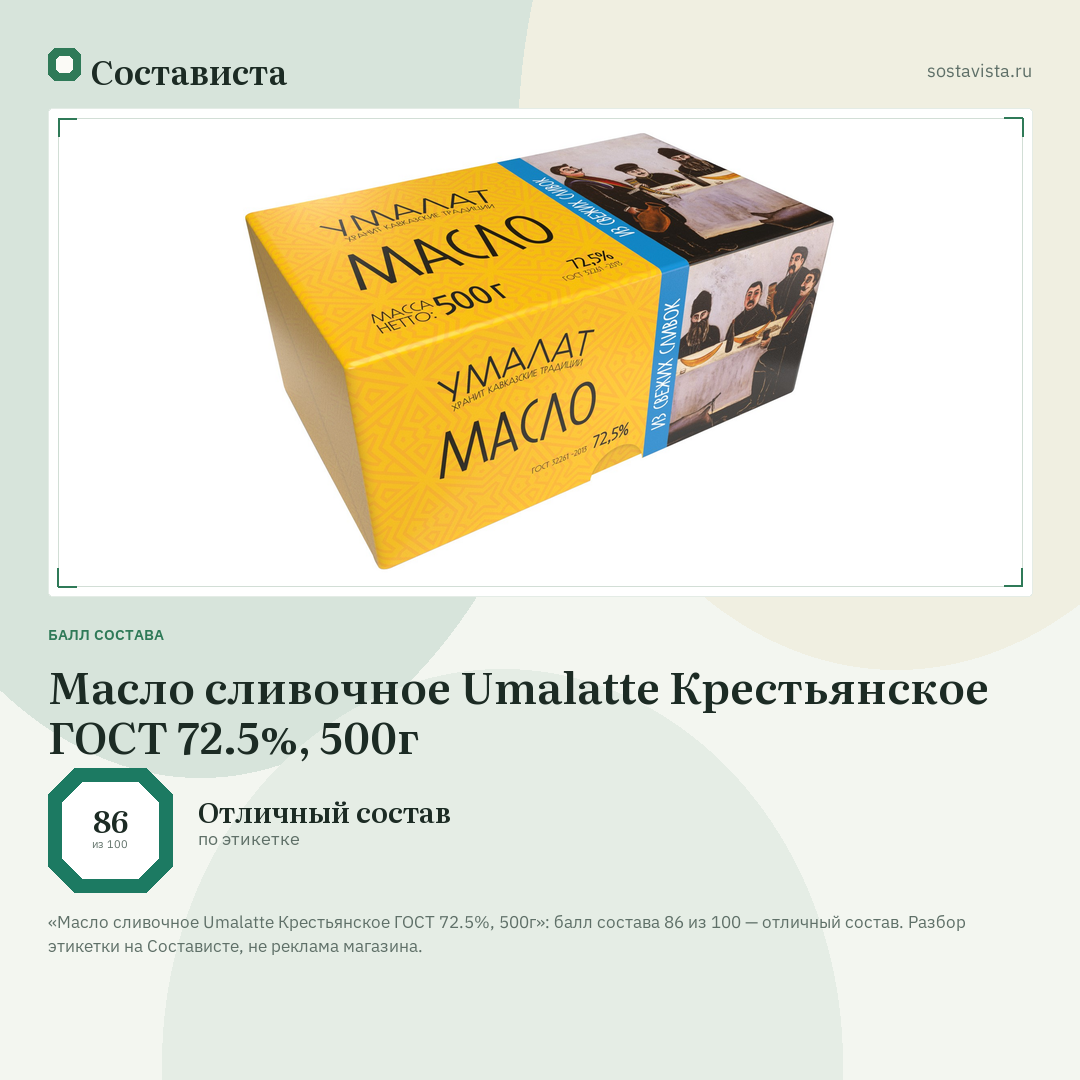 Масло сливочное Umalatte Крестьянское ГОСТ 72.5%, 500г: балл состава 86 из 100 — Состависта