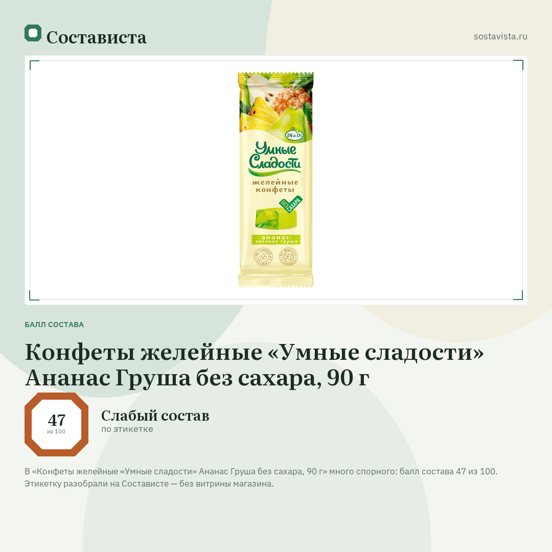 Конфеты желейные «Умные сладости» Ананас Груша без сахара, 90 г: балл состава 47 из 100 — Состависта