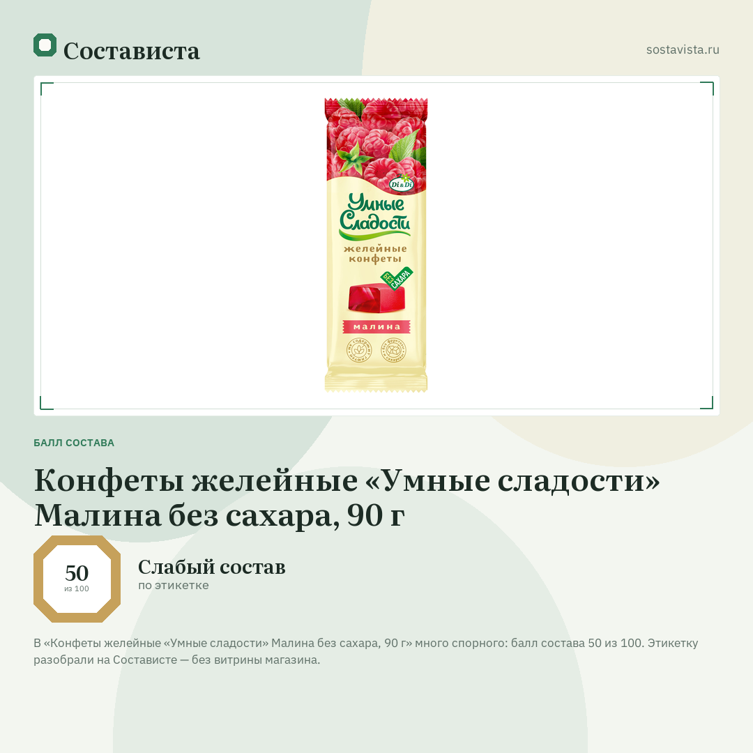 Конфеты желейные «Умные сладости» Малина без сахара, 90 г: балл состава 50 из 100 — Состависта
