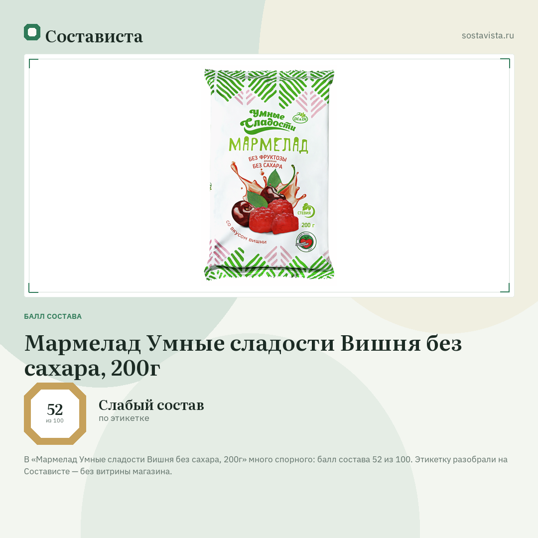 Мармелад Умные сладости Вишня без сахара, 200г: балл состава 52 из 100 — Состависта