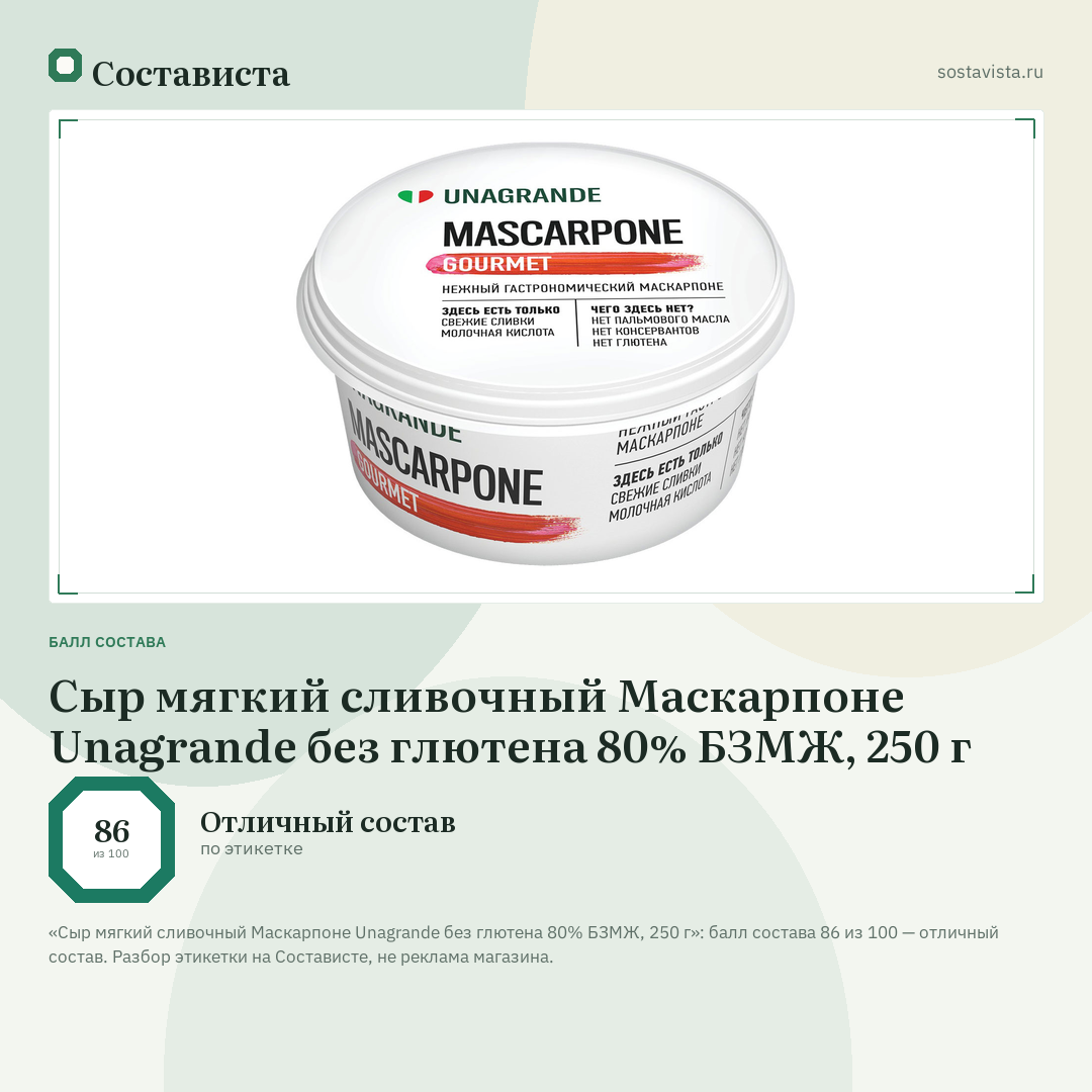 Сыр мягкий сливочный Маскарпоне Unagrande без глютена 80% БЗМЖ, 250 г: балл состава 86 из 100 — Состависта