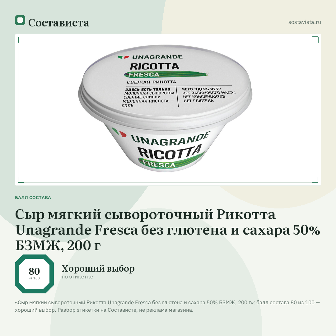 Сыр мягкий сывороточный Рикотта Unagrande Fresca без глютена и сахара 50% БЗМЖ, 200 г: балл состава 80 из 100 — Состависта