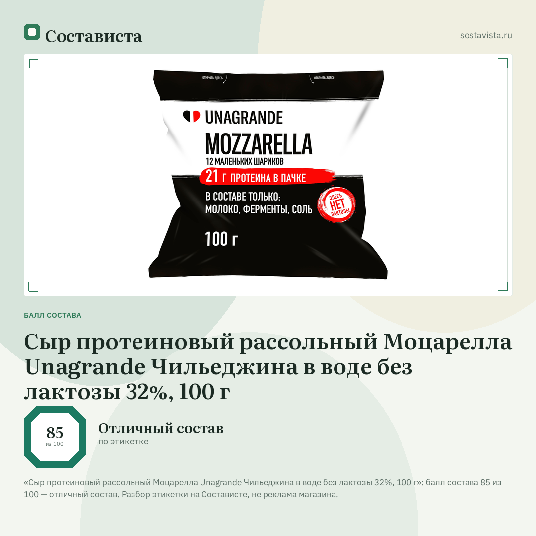 Сыр протеиновый рассольный Моцарелла Unagrande Чильеджина в воде без лактозы 32%, 100 г: балл состава 85 из 100 — Состависта