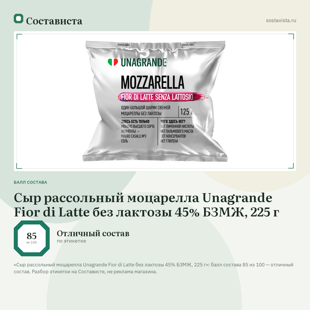 Сыр рассольный моцарелла Unagrande Fior di Latte без лактозы 45% БЗМЖ, 225 г: балл состава 85 из 100 — Состависта
