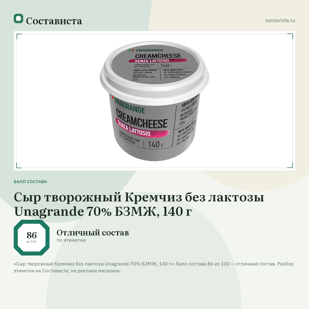Сыр творожный Кремчиз без лактозы Unagrande 70% БЗМЖ, 140 г: балл состава 86 из 100 — Состависта