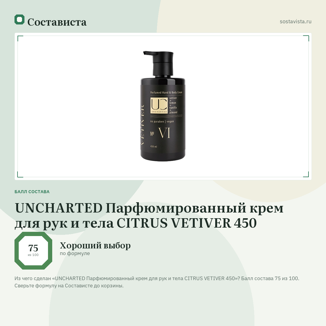 UNCHARTED Парфюмированный крем для рук и тела CITRUS VETIVER 450: балл состава 75 из 100 — Состависта