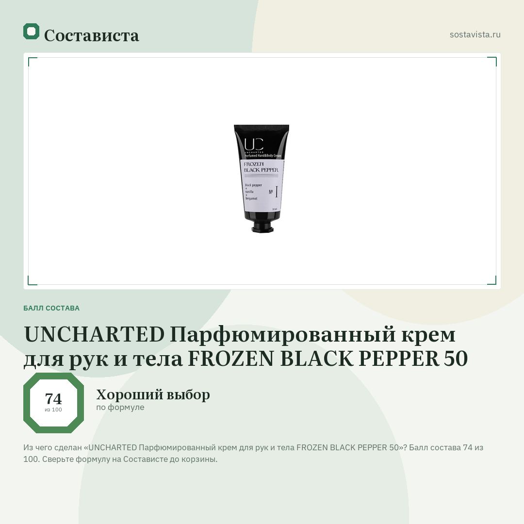 UNCHARTED Парфюмированный крем для рук и тела FROZEN BLACK PEPPER 50: балл состава 74 из 100 — Состависта