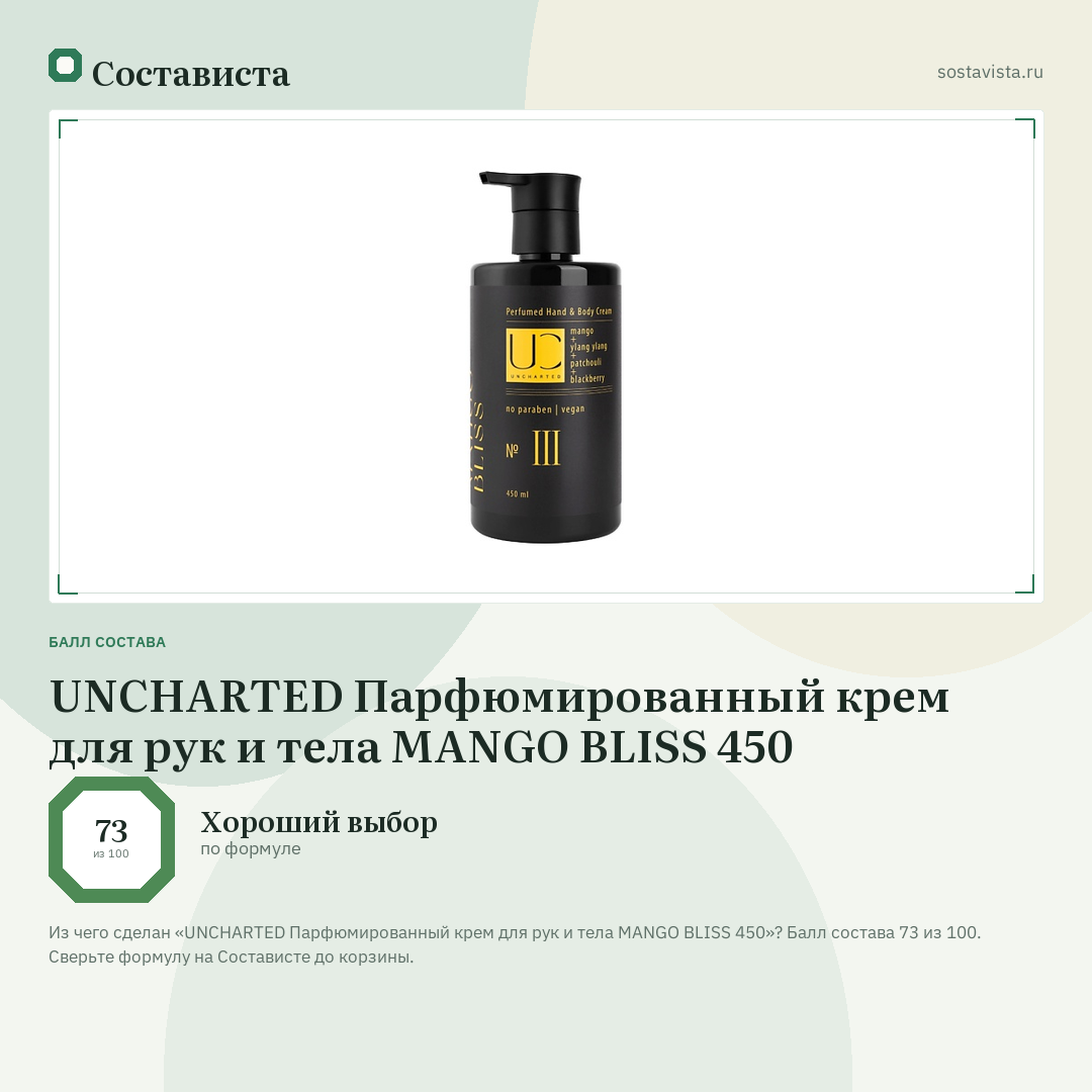 UNCHARTED Парфюмированный крем для рук и тела MANGO BLISS 450: балл состава 73 из 100 — Состависта