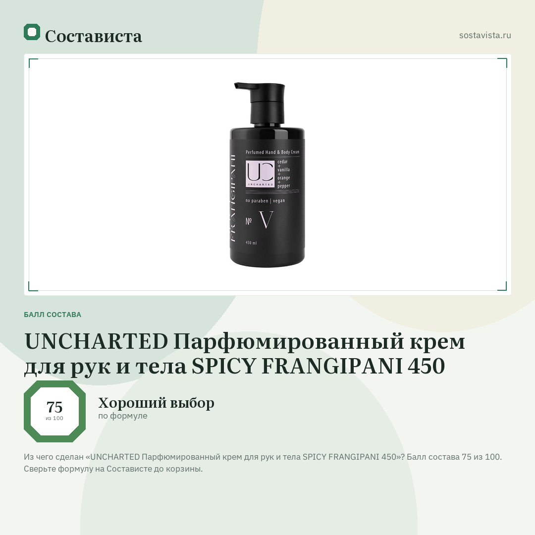 UNCHARTED Парфюмированный крем для рук и тела SPICY FRANGIPANI 450: балл состава 75 из 100 — Состависта