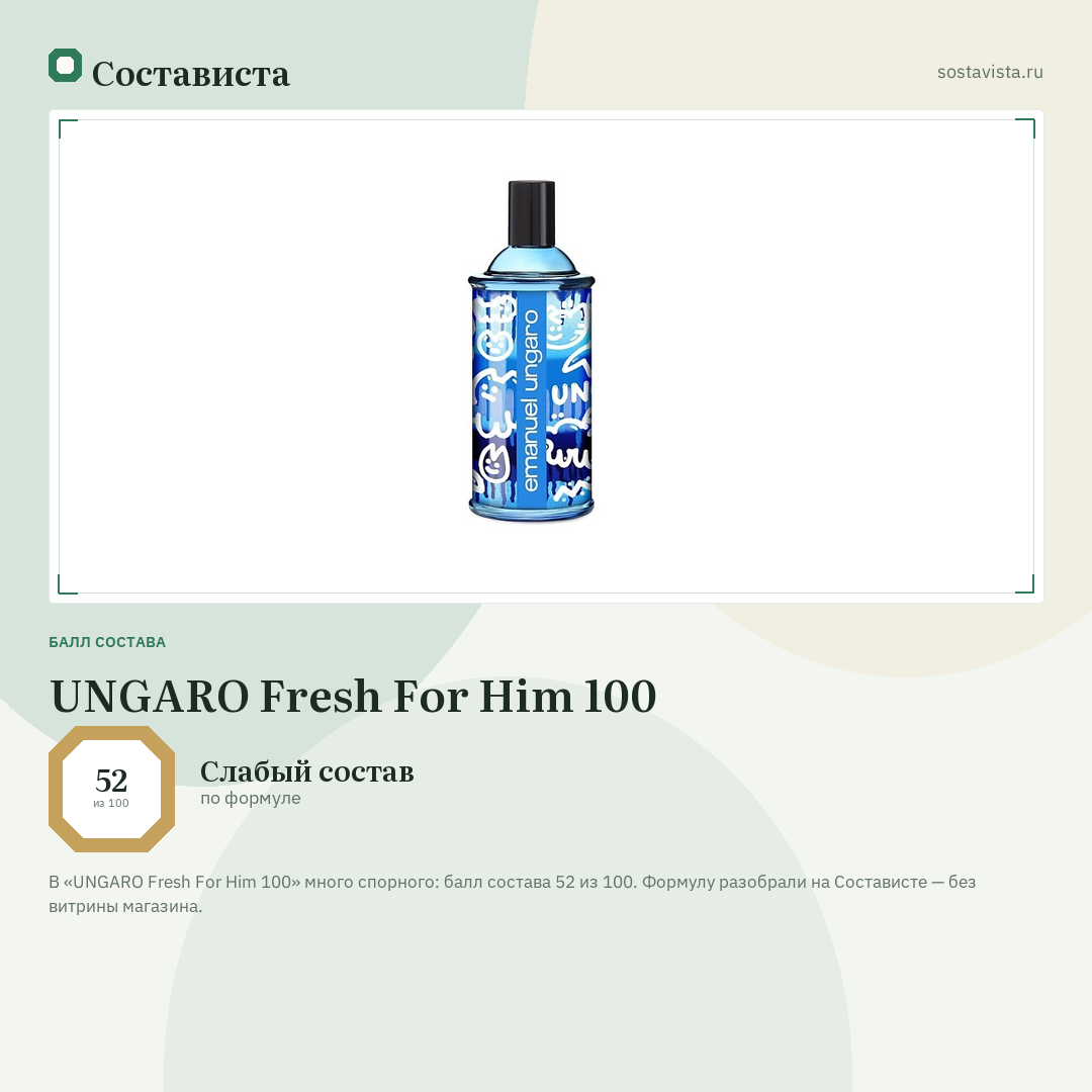 UNGARO Fresh For Him 100: балл состава 52 из 100 — Состависта