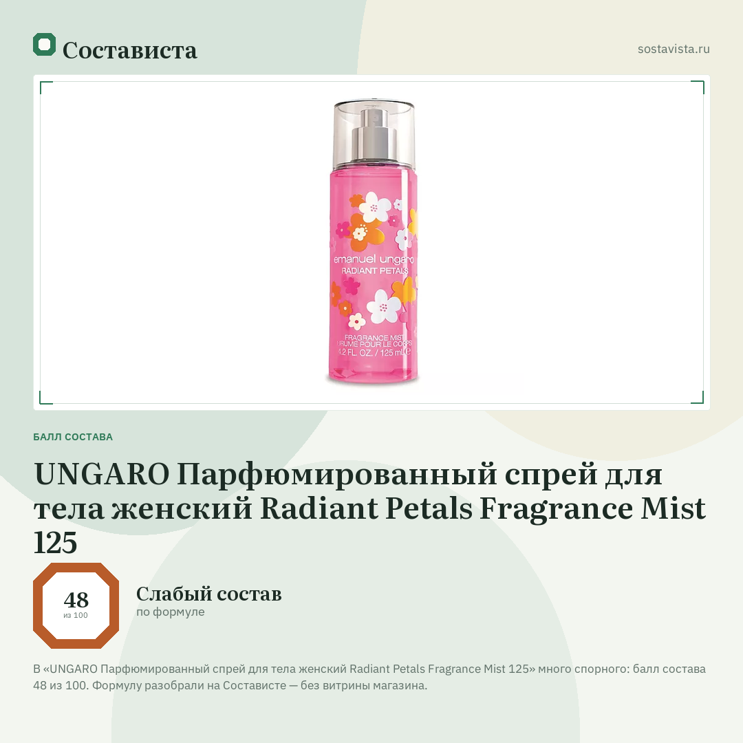 UNGARO Парфюмированный спрей для тела женский Radiant Petals Fragrance Mist 125: балл состава 48 из 100 — Состависта