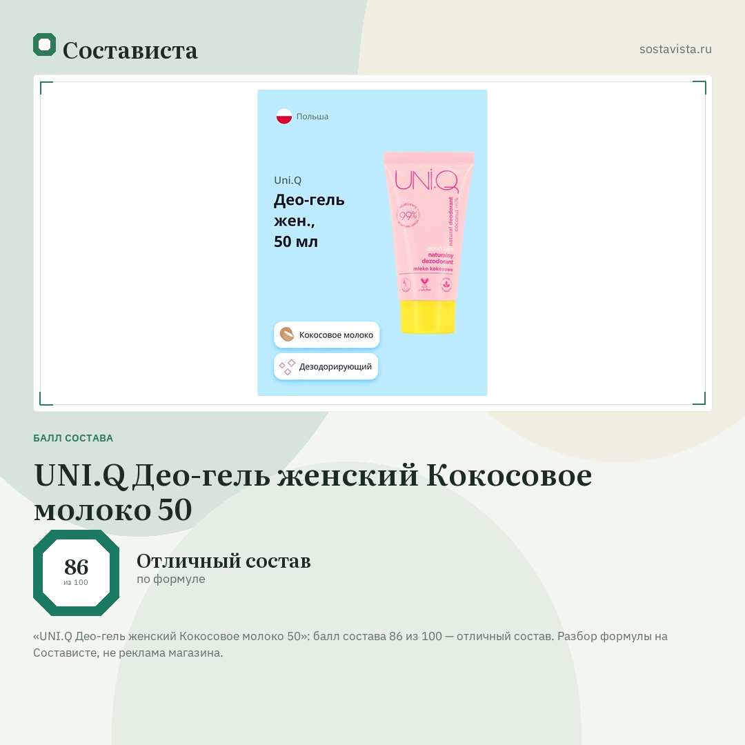 UNI.Q Део-гель женский Кокосовое молоко 50: балл состава 86 из 100 — Состависта