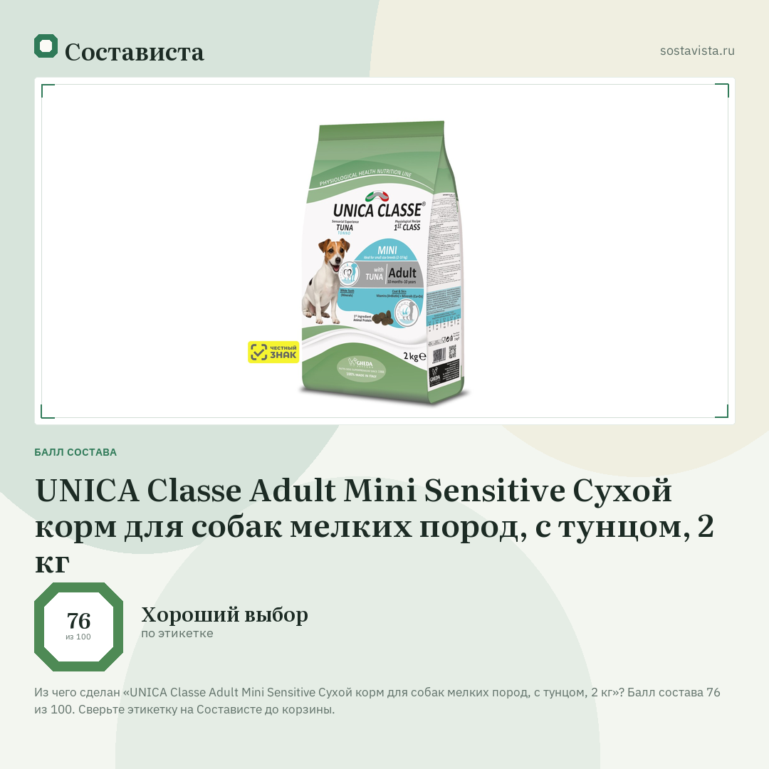 UNICA Classe Adult Mini Sensitive Сухой корм для собак мелких пород, с тунцом, 2 кг: балл состава 76 из 100 — Состависта