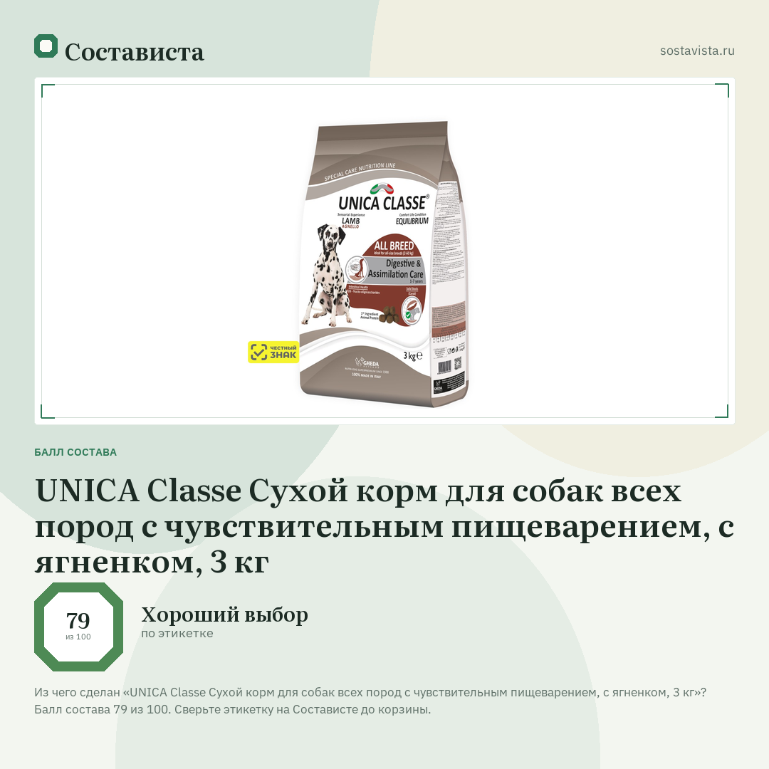 UNICA Classe Сухой корм для собак всех пород с чувствительным пищеварением, с ягненком, 3 кг: балл состава 79 из 100 — Состависта