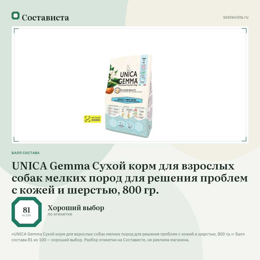 UNICA Gemma Сухой корм для взрослых собак мелких пород для решения проблем с кожей и шерстью, 800 гр.: балл состава 81 из 100 — Состависта