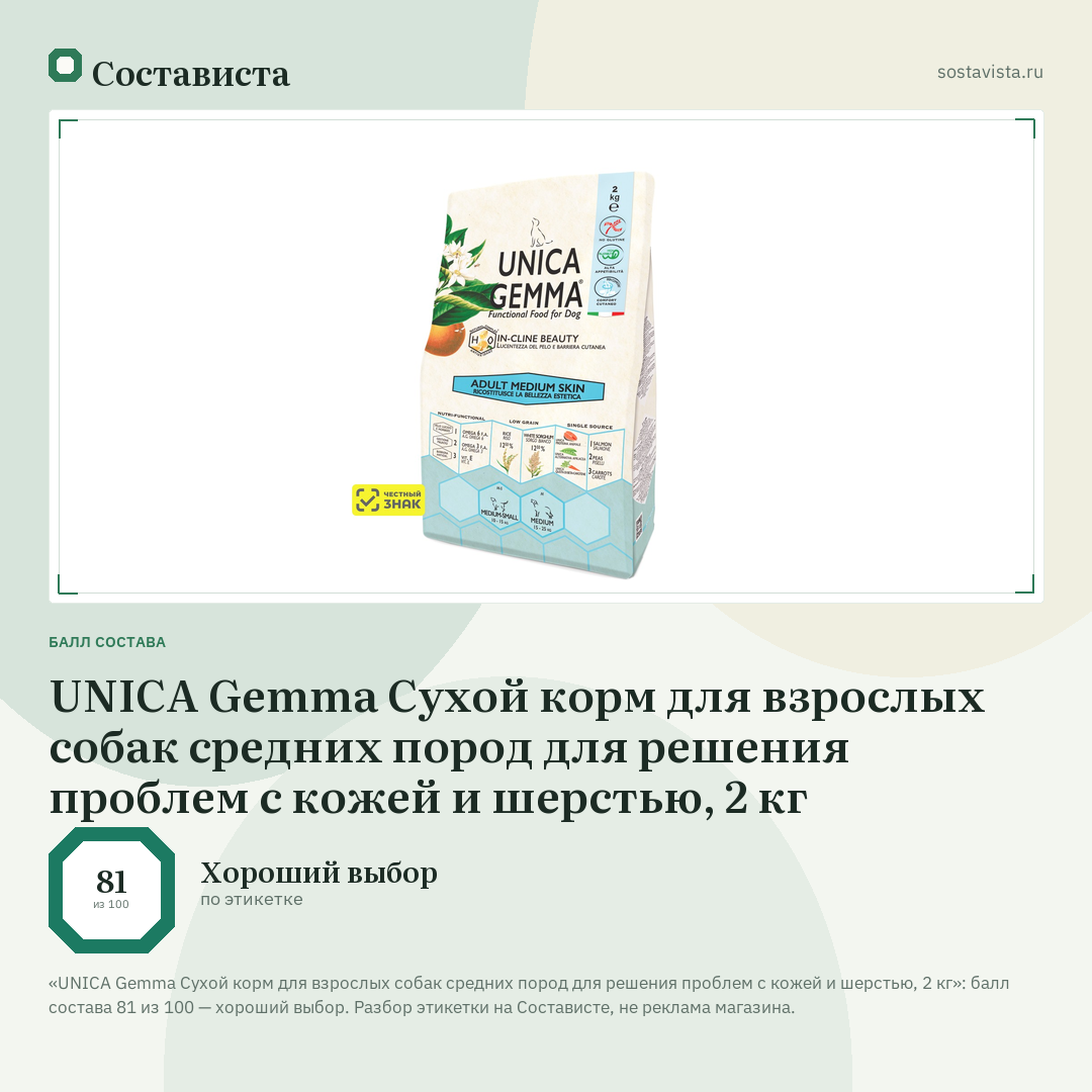 UNICA Gemma Сухой корм для взрослых собак средних пород для решения проблем с кожей и шерстью, 2 кг: балл состава 81 из 100 — Состависта
