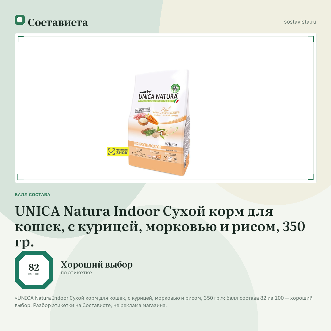 UNICA Natura Indoor Сухой корм для кошек, с курицей, морковью и рисом, 350 гр.: балл состава 82 из 100 — Состависта