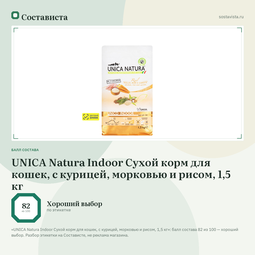 UNICA Natura Indoor Сухой корм для кошек, с курицей, морковью и рисом, 1,5 кг: балл состава 82 из 100 — Состависта
