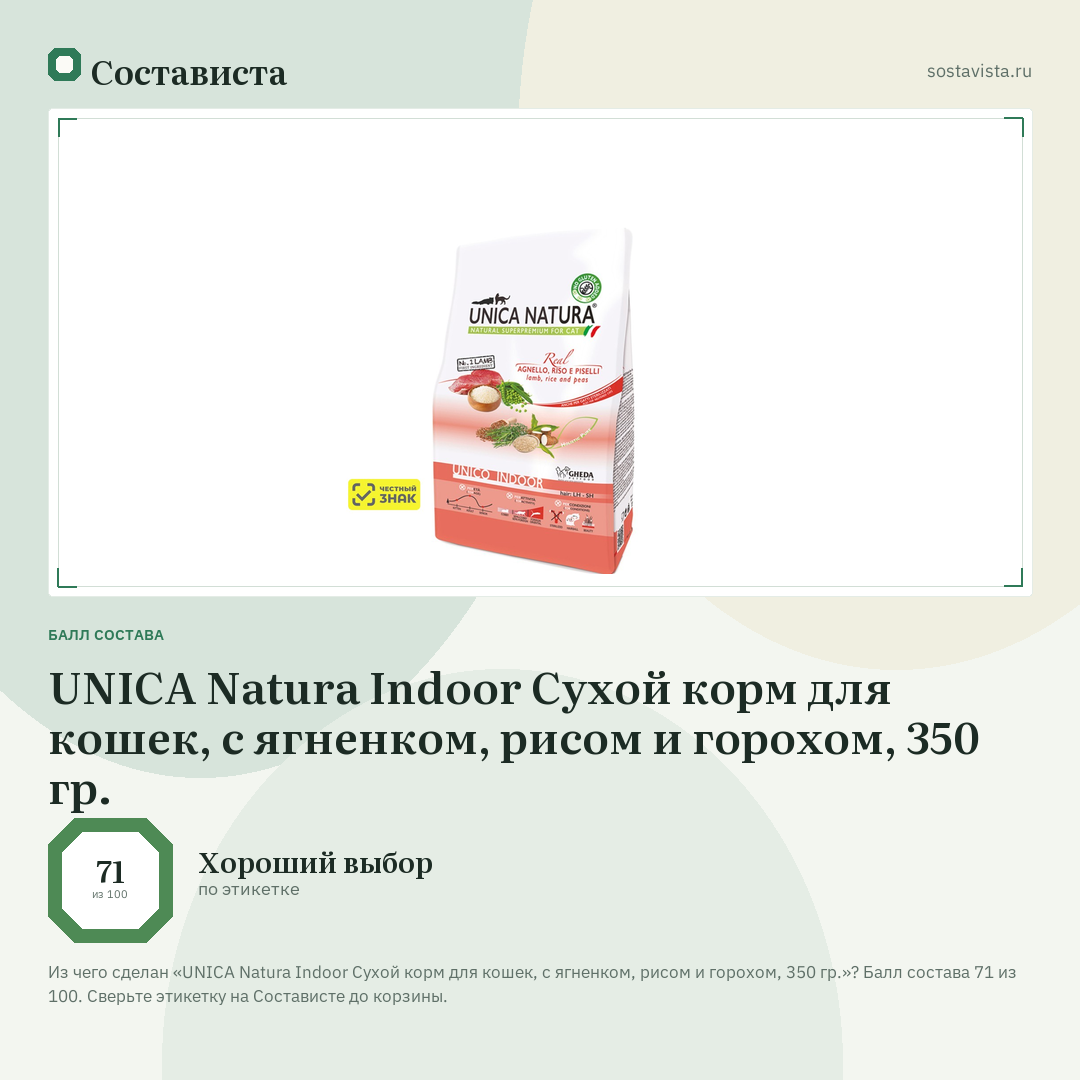 UNICA Natura Indoor Сухой корм для кошек, с ягненком, рисом и горохом, 350 гр.: балл состава 71 из 100 — Состависта