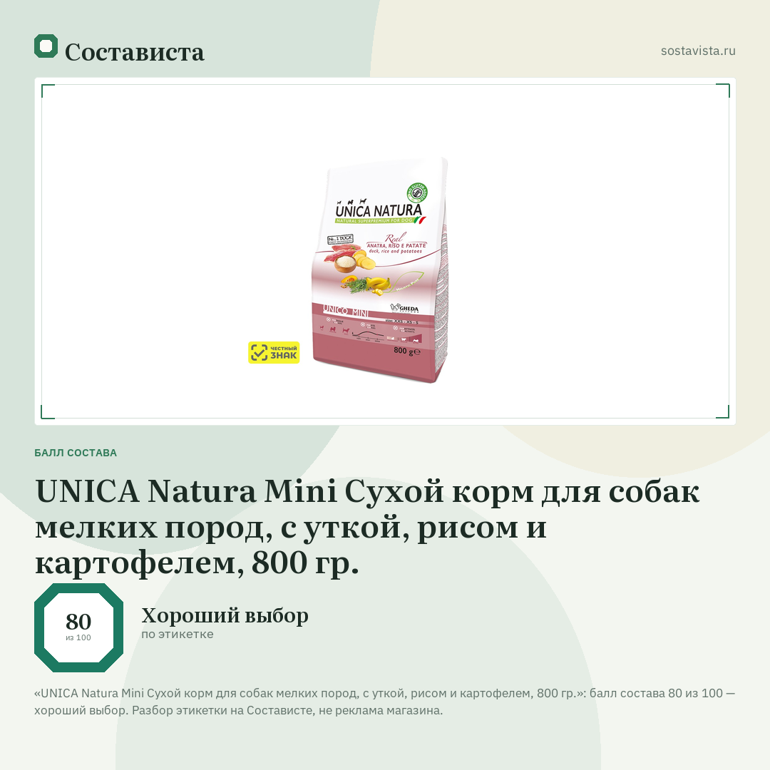 UNICA Natura Mini Сухой корм для собак мелких пород, с уткой, рисом и картофелем, 800 гр.: балл состава 80 из 100 — Состависта