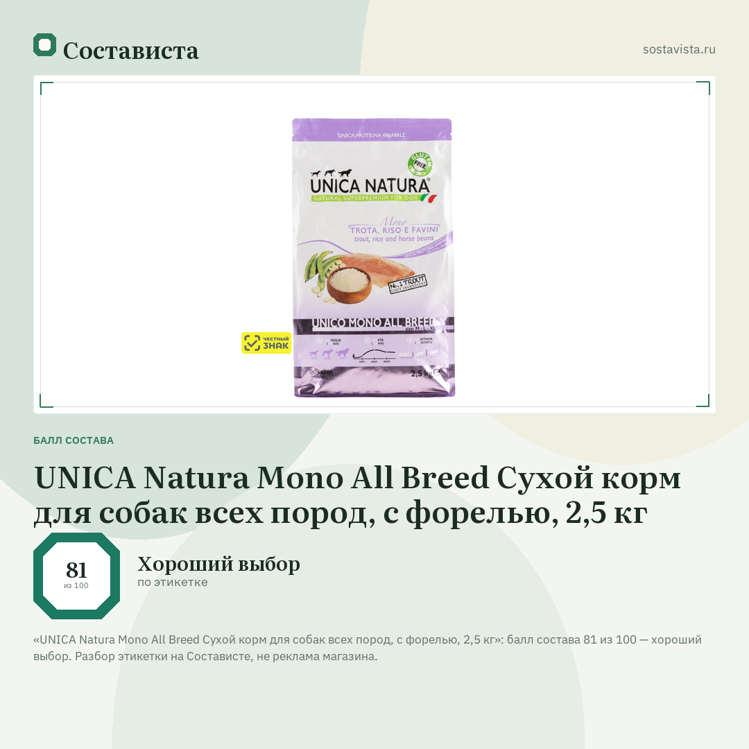 UNICA Natura Mono All Breed Сухой корм для собак всех пород, с форелью, 2,5 кг: балл состава 81 из 100 — Состависта
