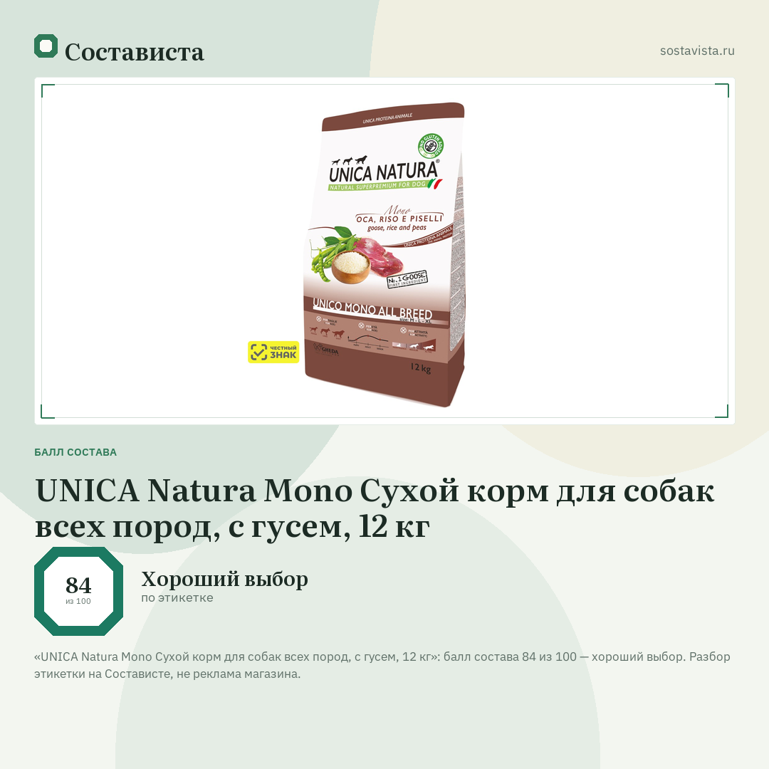 UNICA Natura Mono Сухой корм для собак всех пород, с гусем, 12 кг: балл состава 84 из 100 — Состависта