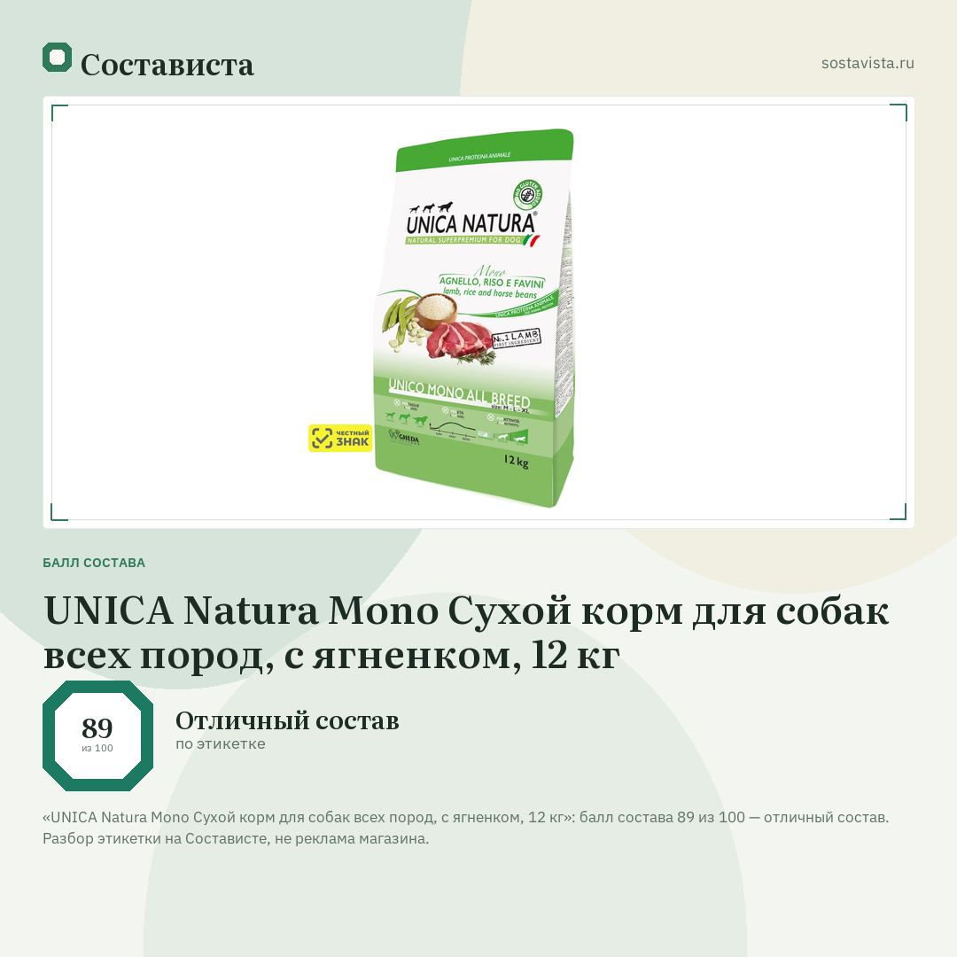 UNICA Natura Mono Сухой корм для собак всех пород, с ягненком, 12 кг: балл состава 89 из 100 — Состависта