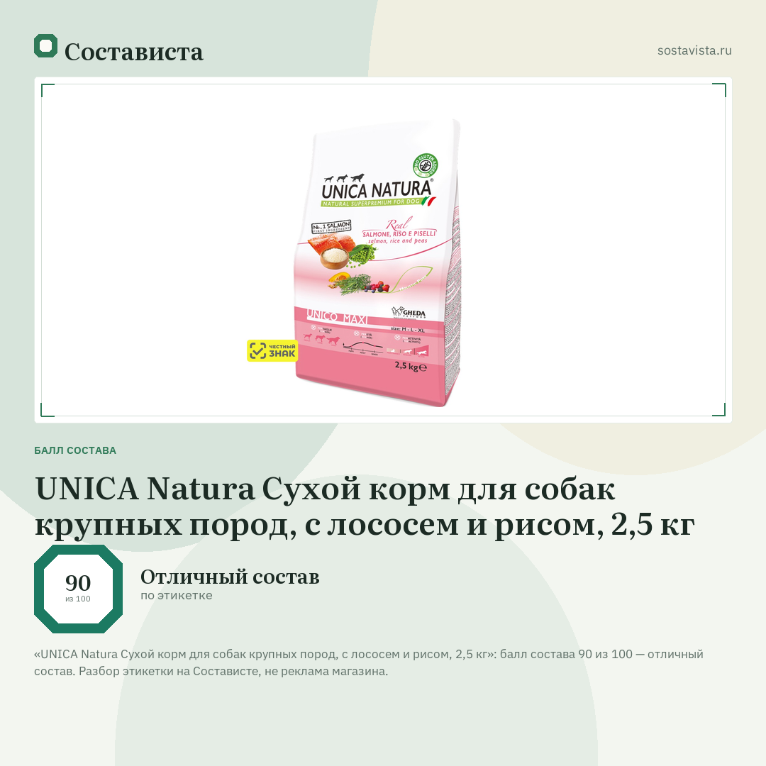 UNICA Natura Сухой корм для собак крупных пород, с лососем и рисом, 2,5 кг: балл состава 90 из 100 — Состависта
