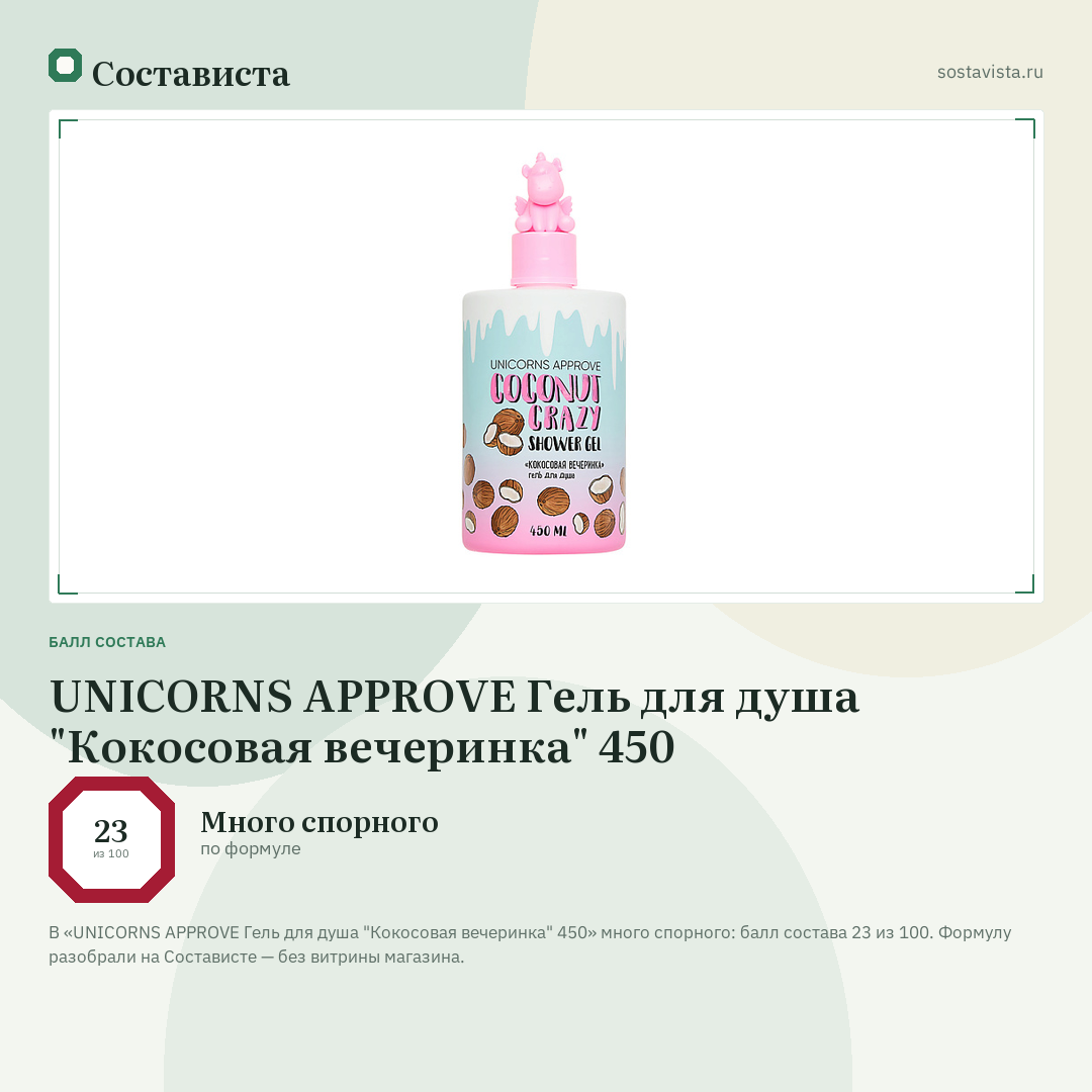 UNICORNS APPROVE Гель для душа "Кокосовая вечеринка" 450: балл состава 23 из 100 — Состависта