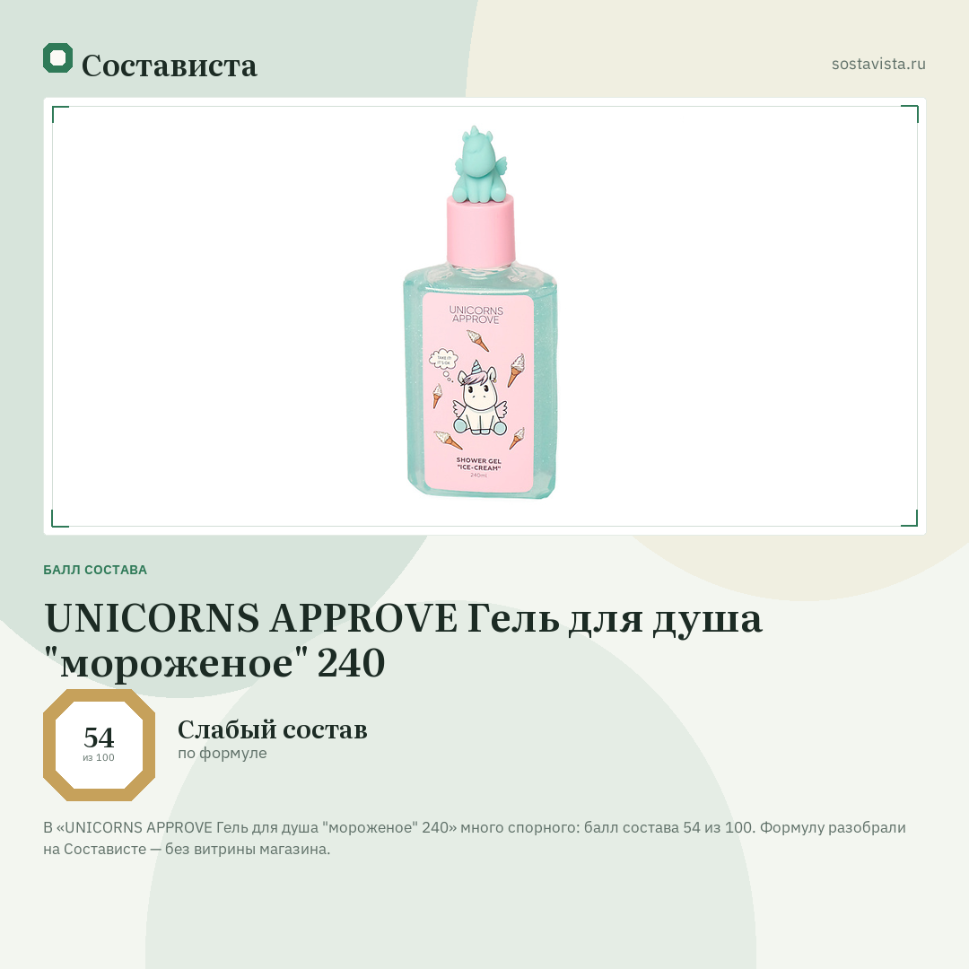 UNICORNS APPROVE Гель для душа "мороженое" 240: балл состава 54 из 100 — Состависта
