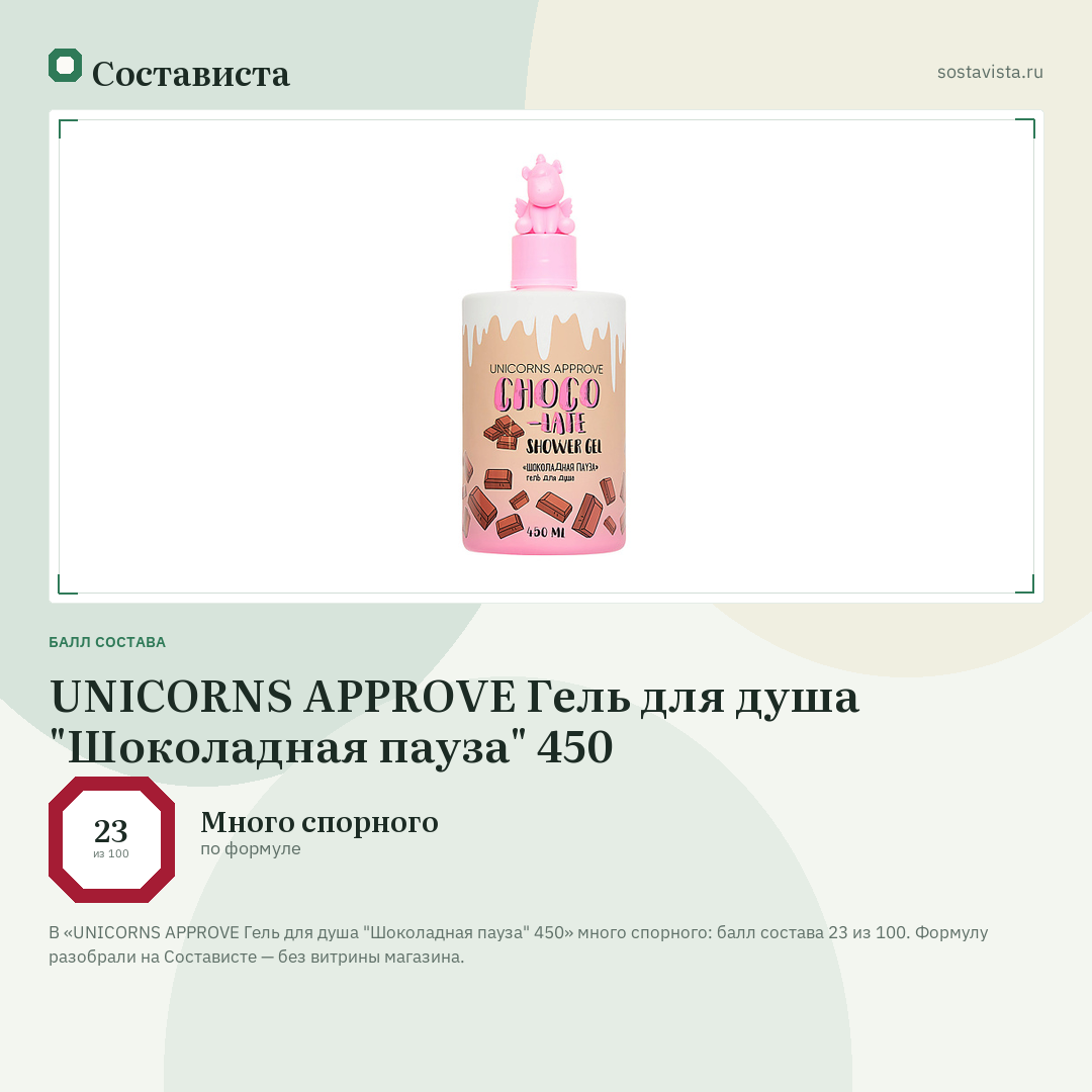UNICORNS APPROVE Гель для душа "Шоколадная пауза" 450: балл состава 23 из 100 — Состависта